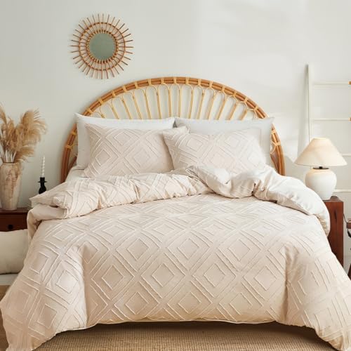 Tospass Bettwäsche 200x220cm Beige Getuftet Handgemacht Stickerei Boho Bettwäsche Set Vintage Shabby Chic Bettbezug Gewaschene Mikrofaser Deckenbezug mit Reißverschluss 2 Kissenbezug 80x80cm