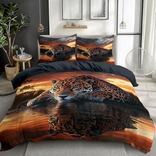 Bettbezug Twilight Sonnenuntergang Tiger Bedrucktes 3-teiliges Bettwäsche-Set 200 x 200 cm, Bettbezug mit Reissverschluss, für Kinder und Erwachsene Tierdrucke Bequem und Atmungsaktiv Bettbezüge