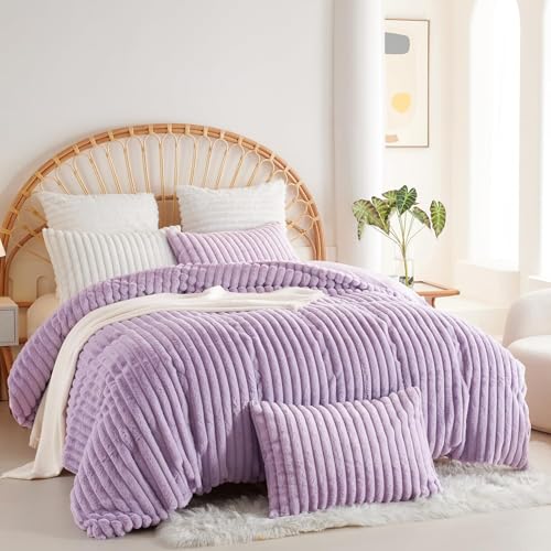 Covebett Plüsch Bettwäsche 200x200 Lila Violett Uni Winter Warm Shaggy Cashmere Touch Flauschig Plüschbettwäsche Set Gestreift Felloptik Wende Bettbezug Reißverschluss und 2 Kissenbezug 80x80 cm