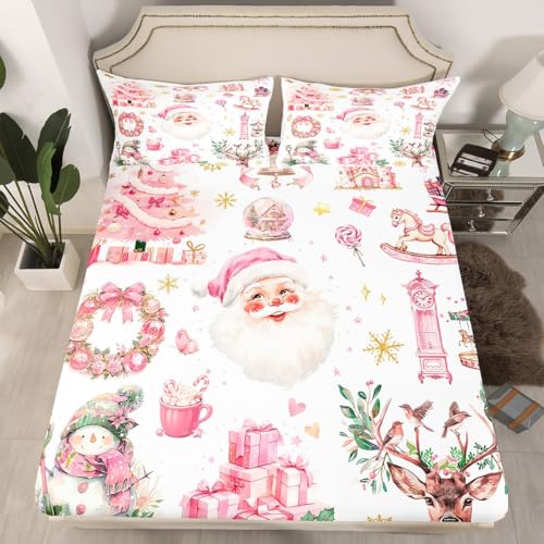 feelingyou Merry Christmas Einbaublech S Größe Kuschlicher Weihnachtsmann und Schneemann Bettdeckung, 1 Kissenbezug Rosarote Kiefern Hirsch Tier Bettwäsche Set für Jungen