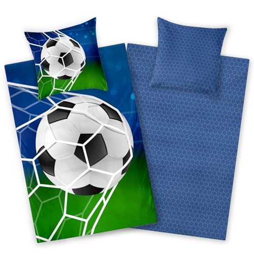 Aminata kids - Biber Bettwäsche 135x200 Jungen Fussball-Motiv Junge, Jungen, Jungs, Teenies & Jugendliche - Baumwolle, Biber-Kinder-Bettwäsche- Set Flanell grün blau - warm, weich & kuschelig Aminata kids - Biber Bettwäsche 135x200 Jungen Fussball-Motiv Junge, Jungen, Jungs, Teenies & Jugendliche - Baumwolle, Biber-Kinder-Bettwäsche- Set Flanell grün blau - warm, weich & kuschelig