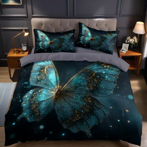 Goldener Schmetterling Bettwäsche 200 x 220 cm TüRkis 3D Druck 3 teilig Polyester Baumwolle Bettwäsche Set weich mit Reißverschluss für Jugendliche Mädchen Jungen