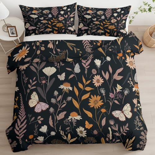 CozyRest Kinder 240 x 220 cm Bettwäsche-Set Bettbezug mit Boho Vintage Landhaus-Wildblumen, Schwarz Erwachsene Bettwäsche-Set Kinderzimmerdekoration Weich Bequem Bettbezug und Kissenbezug