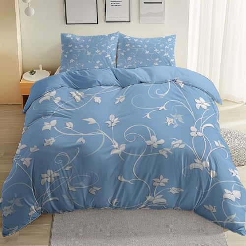 Bettwäsche Set 180 x 200 cm Elegante Und Zarte Reben Weiche Microfaser Bettbezug Set für Jungen Mädchen, Hellblau Betten Set mit Reißverschluss und Kissenbezüge