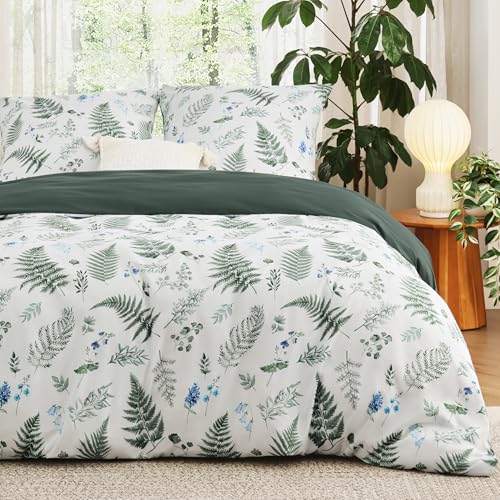 BEDSURE Bettwäsche 200x200 3teilig Bettbezug - Bettwäsche-Sets 200 x 200 cm mit 2 Kissenbezüge 80x80 cm, ÖKO-TEX Wendebettwäsche Bedding Muster Grün Blumen Pflanzen für Doppelbett mit Reißverschluss