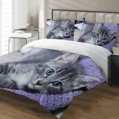 Bettwäsche 135x200 Kinder Katze Weich Mikrofaser Meerestiere Bettwäsche-Sets 3D Bettbezug 3 Teilig Bettbezüge mit Reißverschluss und 2 Kissenbezüge 80x80 A-92