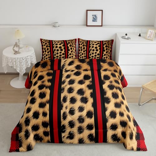 Feelyou Leoparden-Bettwäsche-Set mit Geparden-Druck, Bettwäsche-Set für Kinder, Jugendliche, wilde Tiere, rote Geometrie, Streifen, Schlafzimmerdekoration, 3-teiliges Queen-Size-Größe