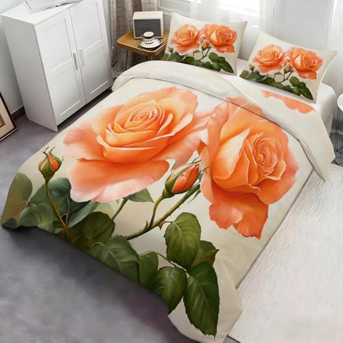 Rose Bedding Bettwäsche-Set, 3-teilig, romantisches Blumenmuster, Einzelbett, 135 x 200 cm + 2 Kissenbezüge mit Reißverschluss, Orange