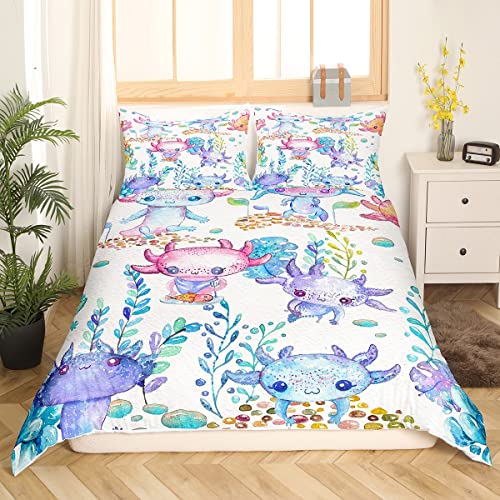 Sunnybed Cartoon Axolotl Trösterbezug für Kinder Jungen Mädchen Kleinkinder, Kawaii Bettwäsche Set Ocean Sealife Reptilien Fisch Bettbezug Süße Seegras Küsten Tagesdecke Reißverschluss, 135x200, Lila