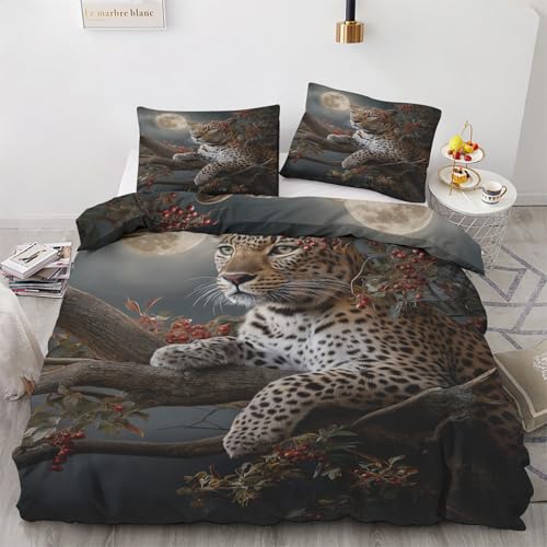 Bettwäsche 135x200 Leopard Bettwäsche Set 3D Wildtier 4teilig, Weich & Bügelfrei Wende Mikrofaser Bettbezüge, 2 Bettbezug 135x200 mit Reißverschluss + 2 Kissenbezug 80x80 cm