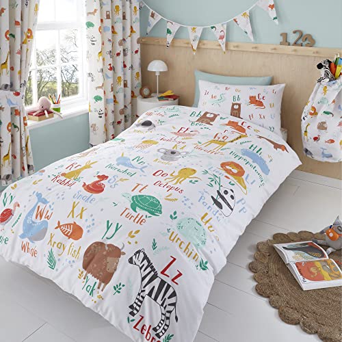 Happy Linen Company Bettwäsche-Set für Mädchen und Jungen, mit Tiermotiven, ABC, Weiß, mehrfarbig, wendbar