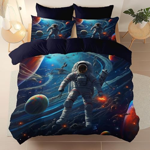 Bedruckte Bettwäsche 135 x 200 cm 3 teilig, Schwarz Wendedesign mit Reißverschluss Reißfest Bettwäsche-Sets - Fantasie Weltraum Astronaut Planet Muster Weiche Mikrofaser Bettbezug für Teenager