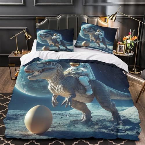 WTORIMPEL Astronaut reitet Dinosaurier 3D Bedruckt Deckenbezug 3teilig Mikrofaser fleckenfest Science-Fiction-Weltrauma benteuer Bettdeckenbezug 2 Kissenbezüge farbbeständig Kinder Jungen (135x200cm)