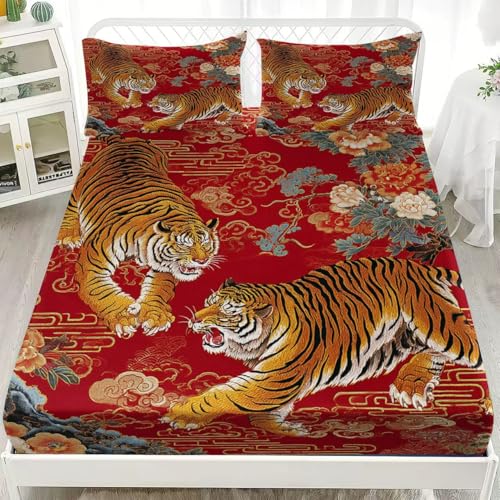 3D Spannbettlaken 120x200 cm Tiefe Tasche 30 cm Chinesisches Tier Tiger Anti-Falten Atmungsaktiv Bettwäsche-Sets Rot Mikrofaser Spannbetttuch Tagesdecke für Kinder Erwachsene