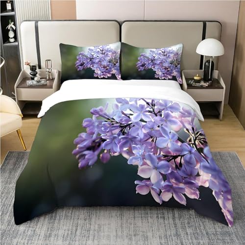 Bettwäsche 135x200 Kinder Flieder Weich Mikrofaser Lila Blühende Pflanzen Bettwäsche-Sets 3D Bettbezug 3 Teilig Bettbezüge mit Reißverschluss und 2 Kissenbezüge D-1382
