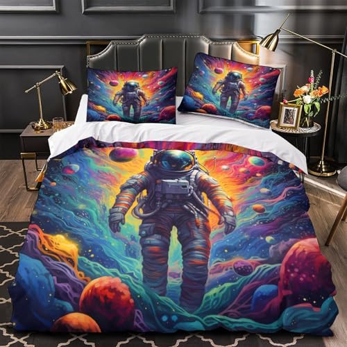 WTORIMPEL Astronaut schwebt 3D Bedruckt Bettdeckenbezug 3teilig Mikrofaser farbbeständig Lebendige kosmische Fantasy Bettbezug 2 Kissenbezüge fleckenfest Kinderzimmer Deko Double?200x200cm?