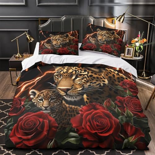 VOXYTMLWG Leopard Pflegeleicht 3D-Gedruckter Wild Animal Bettdeckenbezug Bettwäsche-Set dreiteiliger Zip Verschluss Atmungsaktiv for Jungen,Teen Jungen,Frauen,Teenager Single?135x200cm?