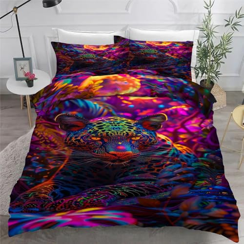 Generisch Bettbezug 200x200cmNeon Bettwäsche 200x200 3 teilig Leopard Wendebettwäsche und Kissenbezug 80x80 Weiche & Atmungsaktive Mikrofaser Bettwäsche-Sets mit ReißverschlussZ2050