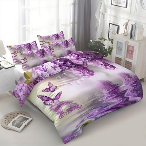 XCQHZYQ Bettwäsche-Sets 200x200 cm Flieder Schmetterlinge, Erwachsene Teenager Microfaser Bettbezug Deckenbezug, Lila Bettwäsche Set mit Reißverschluss und 2 Kissenbezug 80x80 cm