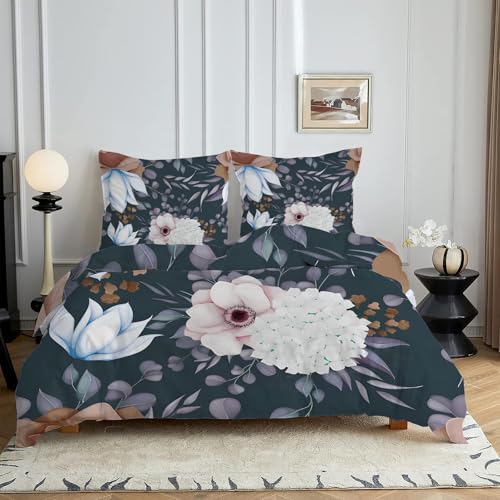 HYSNKSM Bettwäsche 135x200 Gris Bettwäsche Sets 3Teilig Mikrofaser Bettbezug 135 x 200 und 2 Kissenbezug 80x80 cm Kuschelige Bettbezüge Landhaus-Blumenstil mit Reißverschlusc4310
