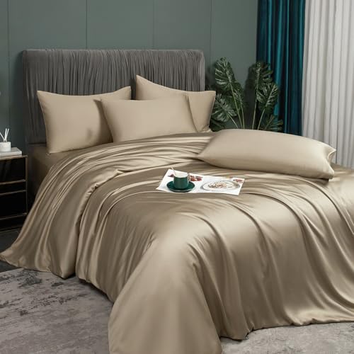 Luofanfei Kühlende Sommer Bettwäsche 220x240 Gold Khaki Bambus Polyester Glänzend Glatt Uni Bettwäsche Set Luxus Einfarbig Muster Bettbezug Set und Kissenbezüge 80x80 mit Reissverschluss