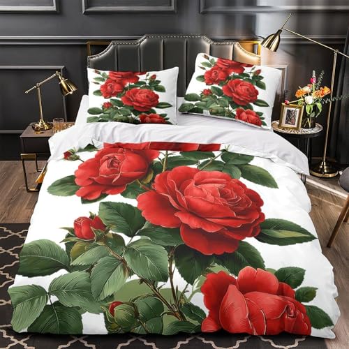 Bettbezug mit roten Rosen, 3D-Druck, Mikrofaser, atmungsaktiv, Kinderdekor, Bettdeckenbezug, 2 passende Kissenbezüge, Reißverschluss, Bettwäsche für Kinder und Mädchen, Doppelbett (200 x 200 cm)