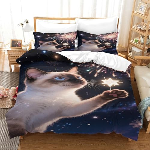 CHUIYUFULAN Siamois-Katze Bettbezug Set Bettwäsche Kinderbettwäsche-Set Reißverschluss Mit Kissenbezügen, Betten Set Für Jugendliche Kinder Schlafzimmer Single?140x200cm?