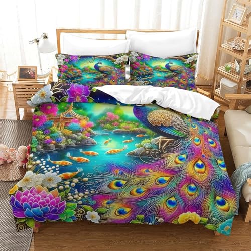 Pfau Bettwäsche Set,Gemütlicher Orientalischer Garten 3D-Druck Deckenbezug, 3teiliges Set Weich Mikrofaser Mit Kissenbezug Und Reißverschluss Für Erwachsene Schlafzimmer Dekor King?220x240cm?