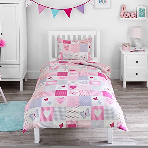 Bloomsbury Mill - Patchwork mit Herzen & Schmetterlingen - Bettwäscheset für Kinder - Rosa - Bettbezug 135cm x 200cm und Kissenbezug für Einzelbett