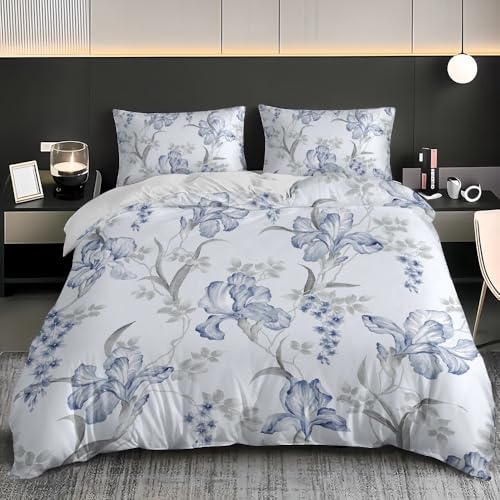Blauer Hibiskus-Druck Bettwäsche Set 135x200 cm 3 Teilig, Weich Mikrofaser Hellblau Bettbezug und 2 Kissenbezüge 80x80, Kein Bügeln und Verblasst Nicht Bettbezüge Set Für Familien, Kinder