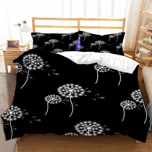 Hongduo 3D Pusteblume Muster Bettwäsche 155x220 cm Weich Mikrofaser Schwarz Weiß Serie Bettwäsche-Set mit Reißverschluss 3 Teilig Bettbezug Set mit 2 Kissenbezug 80x80 cm