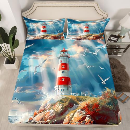 feelingyou Leuchtturm Einbaublech M Größe Blauer Ozean nautisches Thema Bettdeckung 2pcs Aquarell Ölmalerei Bettwäsche Set für Kinder