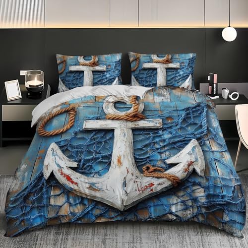 Blau Bettwäsche Set 200x200 cm 3 Teilig, Weich Mikrofaser Altes Anker-Fischernetz-Thema Bettbezug und 2 Kissenbezüge 80x80, Kein Bügeln und Verblasst Nicht Bettbezüge Set Für Familien, Kinder