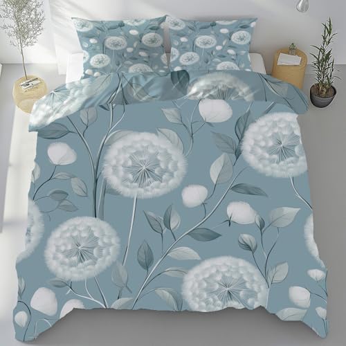 Tyafsgvqo Löwenzahn Pusteblume Bettbezug 155x220 cm, Landhaus Pflanzenmuster Deckenbezug 3 Teilig Bügelfrei, Natur Pflanzen Laub Bettwäsche Set Atmungsaktiv Kühlend Mikrofaser mit 2 Kissenbezug 80x80