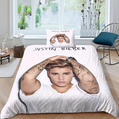 AYZOFCNDK Justin Bieber Bettwäschegarnitur Bettbezug Set 3D Gedruckter Für Kinder Mädchen Jungen Und Kissenbezüge Bettwäsche Weich Microfaser Reissverschluss 2 Teilig Single?135x200cm?