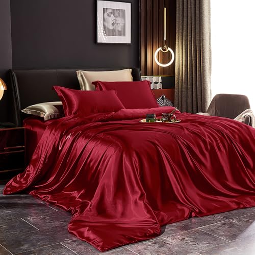 Covebett Satin Bettwäsche 140x200 Rot Weinrot Uni Glatt Luxus Seide Aesthetic Seidenbettwäsche Set Einfarbig Glänzend Glanzsatin Microfaser Sommer Bettbezug und Kissenbezug 70x90 cm Reißverschluss