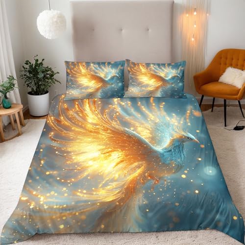 Phönix Bettwäsche 220X240 Gold Bettbezug Junge Mädchen 3D Effekt Teenager Bettwäsche-Set Mikrofaser Bettbezug Mit Reißverschluss Und 2 Kissenbezug 80X80Cm