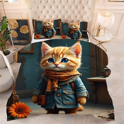 ZZXHG 3D Druck Bettdecke Atmungsaktiv & Weich - Gelbe Katze, All Season Bettwäsche Set mit 2 Kissenbezügen 80x80 cm für Erwachsene und Kinder, 135x200 cm, Maschinenwaschbar