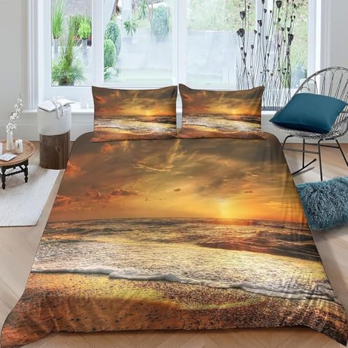 Bettwäsche 140x200 Küstenstrände 3D Weich Mikrofaser Bettbezug 140 x 200 Goldener Sonnenuntergang Bettwäsche-Sets 3 Teilig Bettbezüge mit Reißverschlus und 2 Kissenbezug 80x80cm b_2661