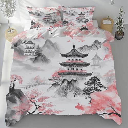 Bettwäsche 135x200cm Bettgarnitur Orientalische Tuschemalerei Bettwäsche Sets Microfaser Bettbezug Berge und Blumen mit Kissenbezug Bügelfrei & Knitterfrei Deckenbezug mit Reißverschluss