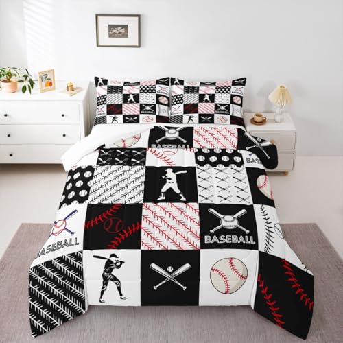 Feelyou Baseball-Bettwäsche-Set für Jungen, volle Größe, Sportspiel für Kinder, Mädchen, Teenager, Baseball, Gaming, Bettwäsche-Set, rot, weiß, schwarz, kariert, Bettdecken-Set, Raumdekoration,