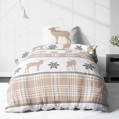 Biber Bettwäsche-Set 135x200 cm Beige Weiß - Flauschige Winterbettwäsche im Landhaus-Stil mit Hirsch- und Elchmotiven, Karo-Design, Sterne & Geweih - Weihnachtsbettwäsche, Bettwäsche Weihnachten