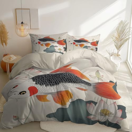Bettbezug 200 x 200 cm Weiches Atmungsaktives 3-Teilig Koi Blumen Orientalischer Stil Bettwäsche 100% Mikrofaser, Moderne Bettwäsche für Jugendliche, Erwachsene Weiß