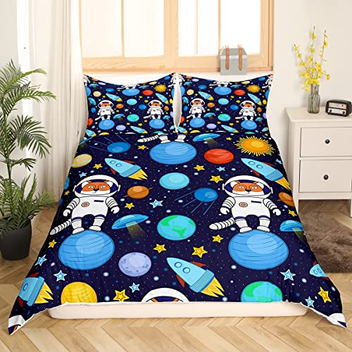 Fox Astronaut Bettwäsche 220 x 240 Jungen Mystic Weltraum Bettbezug Sonne Mond Sterne Drucken Bettwäsche Set Rakete Raumschiff Bettbezug für Kinder Jugend Karikatur Stil Bettwäsche Set 3 Stück