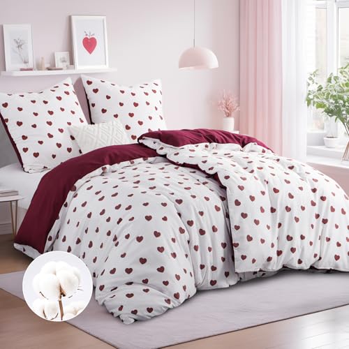 RUIKASI Bettwäsche 135x200 Baumwolle 4teilig Rot - Baumwollbettwäsche 135 x 200 4tlg mit Herzen Muster, Bettbezug Set 4 teilig Cotton mit Reißverschluss