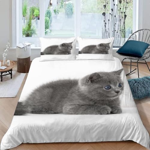 Bettwäsche 140x200 Katze Weiche Kuschelig Mikrofaser Graues Muster Bettwäsche-Sets 3D Bettbezug mit Reißverschluss + 2 Kissenbezüge 80 x 80 cm a-943