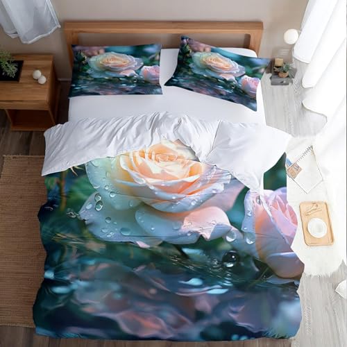 Bettwäsche 155x220 Rose Weich Mikrofaser Pflanzen und Blumen Bettwäsche-Sets 3D Bettbezug 3 Teilig Bettbezüge mit Reißverschluss und 2 Kissenbezüge 80x80 A-2109