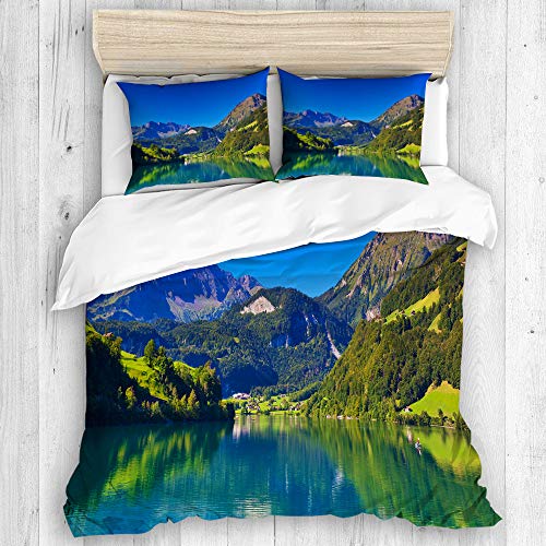 KOSALAER Bettwäsche-Set,Mikrofase r,Schweizer Alpen-Berg und Wiesenwald mit ruhigem See auch kleines altes Dorf,1 Bettbezug 135 x 200cm + 2 Kopfkissenbezug 50 x 80cm