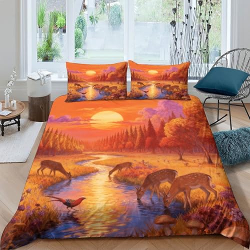 EMYXPAQM Hirsch Bettwäsche Set Microfaser Bettbezug-Set Mit 3D Twilight Wald-Motiv Mit Reißverschluss & Kopfkissenbezug Für Erwachsene Kinder King?220x240cm?