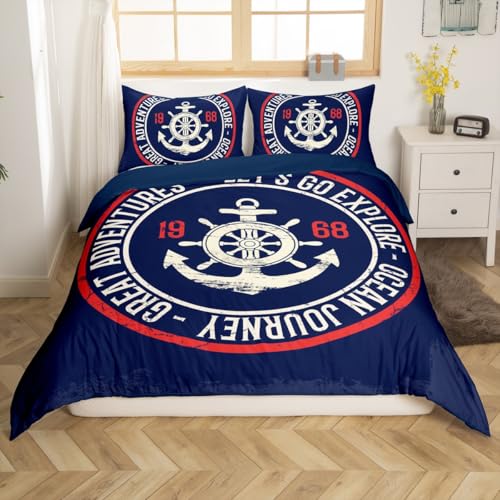 Loussiesd Navigation Abenteuer Theme Bettwäsche Set 200x200cm Ozean Blau Anker und Ruder Drucken Bettbezug Set Vintage Bettwäschset Retro Jugendliche Jungen Betten Set mit 2 Kissenbezug